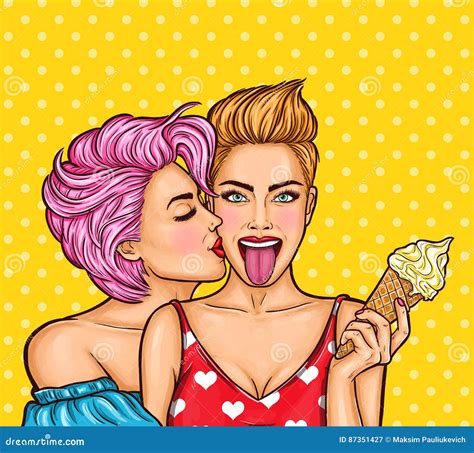 Vector Pop Art Illustration of a Lesbian Couple Kissing. Stock Vector