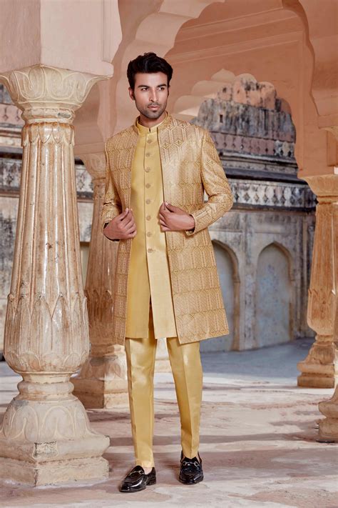 golden yellow open indo western set