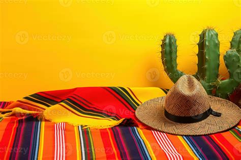 AI generated mexican hat and cactus on yellow background 35613148 Stock ...