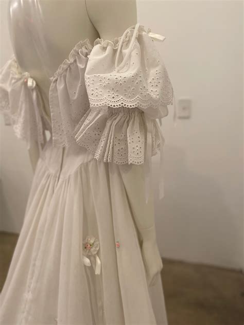 Vintage 70s Off The Shoulder Rosette Eyelet Wedding Gown By Brideallure