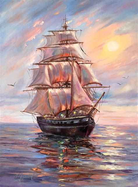 large ship painting original ocean oil painting sailing art sail boat