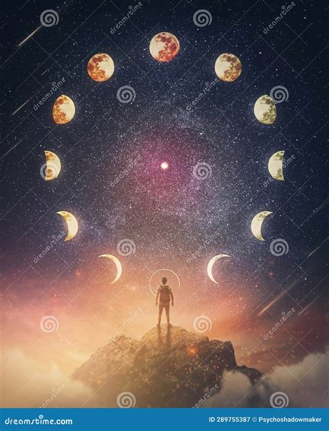 Lunar Eclipse And Moon Phases Circle On The Night Sky And A Curious