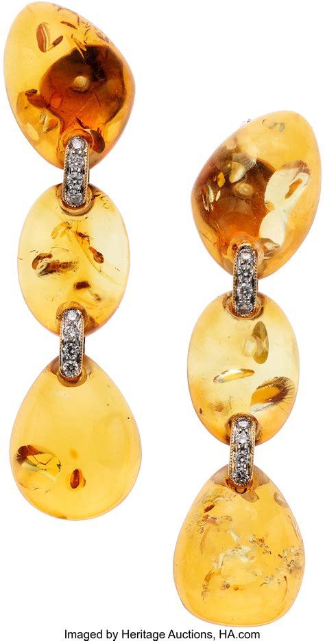 Amber, Diamond, Gold Earrings, Eli Frei. Estate Jewelry | Lot