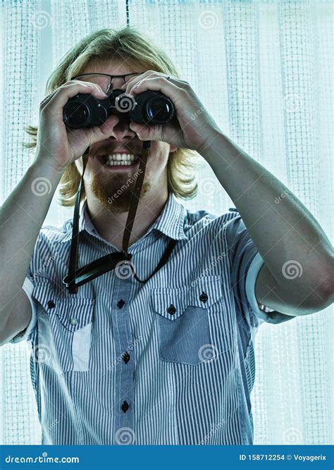 Man with Binoculars Spying on Neighbors Stock Photo - Image of watching