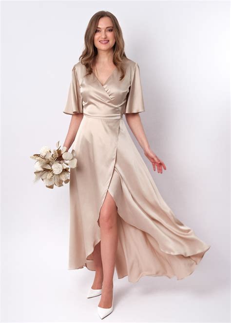 champagne beige silk satin long wrap dress silk dress wrap dress