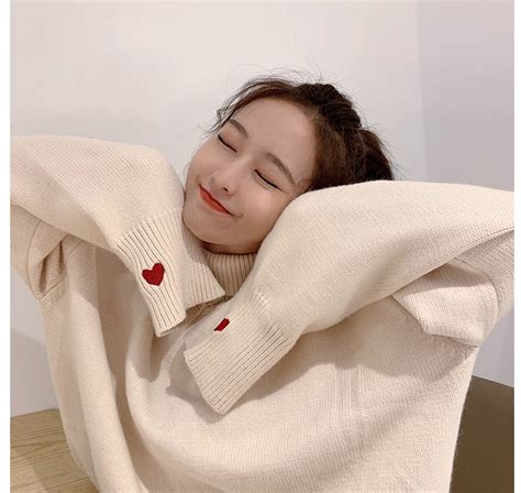 秋冬女装网红套头针织小衫上衣爱心学生T恤宽松外穿高领保暖毛衣 - 17网