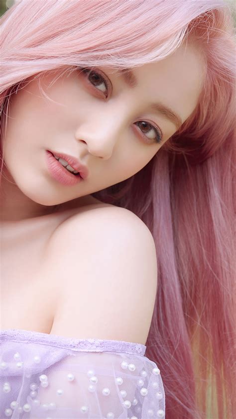 Asian, women, Twice Jihyo, singer, pink hair, bare shoulders, long hair