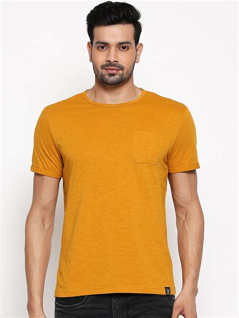 buy people men mustard yellow solid  neck  shirt tshirts