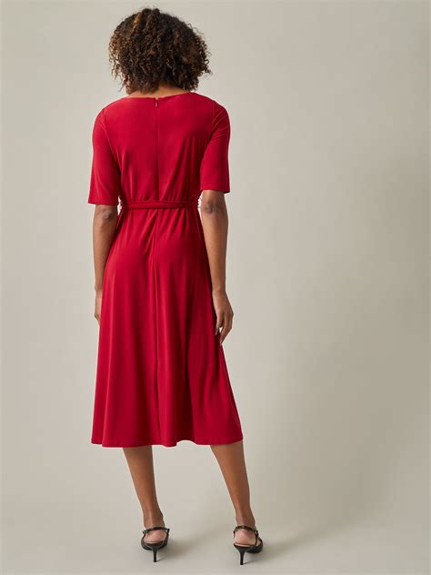 Crew Neck Tie Waist Flare Dress, Everyday Knit in Fire Red | Kasper