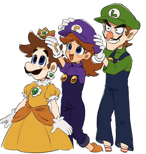 luigi, princess daisy, and waluigi (mario) drawn by mimimi_(mimimim9999
