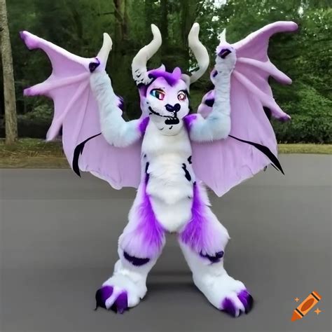 Anthro fursuit of a female white dragon with purple accents on Craiyon