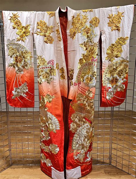 vintage japanese silk brocade embroidery ceremonial kimono  ivory