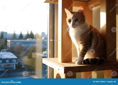 A Cat Gracefully Climbing a Tall Cat Tower Near a Window, Generative Ai ...