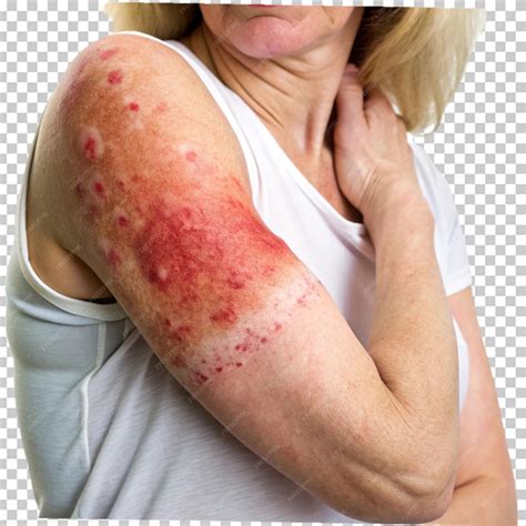 Closeup woman with big red scaly rash suffering on transparent