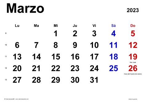 Calendario marzo 2023 en PDF, Excel y Word | Calendarpedia