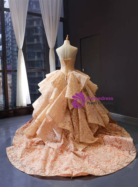 Champagne Ball Gown Sweetheart Appliques Lace Luxury Prom Dress