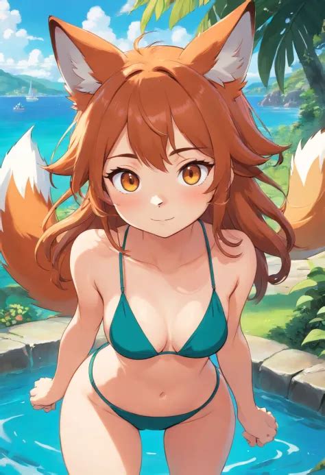 Furry Cute anthropomorphic fox girl wearing a swimsuit - SeaArt AI