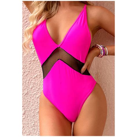 Hot Pink Sexy Girl Swimsuit Mesh See Through Patchwork Women V Neck