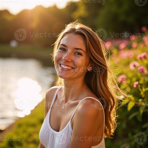 Woman smiles radiantly under golden sunshine embodying joy optimism and