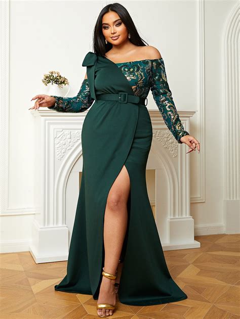 seomiscky Plus Contrast Sequin Asymmetrical Neck Bow Detail Split Thigh
