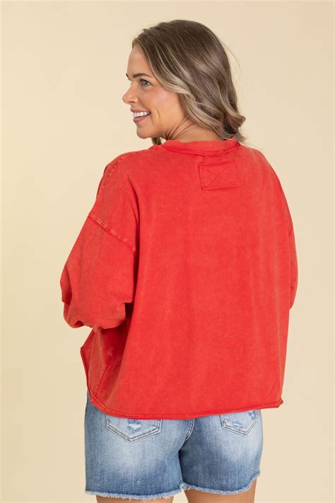 Washed Red Flag Star Sequin Patch Knit TopFilly Flair