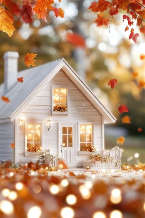 cozy cottage surrounded  falling autumn leaves  serene morning