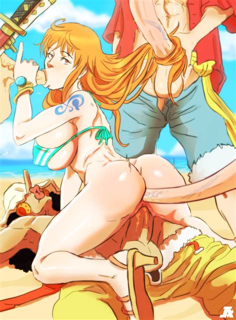 nami, monkey d. luffy, roronoa zoro, and usopp (one piece) drawn by