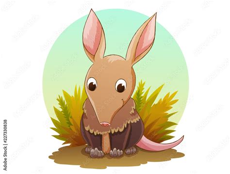 Cute aardvark cartoon character animal. Background of dry grass and ...