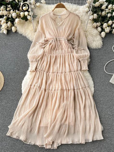 yk aesthetic long skirt dress solid color folded sleeve high waist