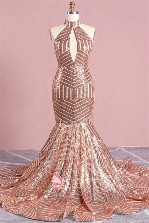 Sexy Cut-out Rose Gold Sequin Mermaid Prom Dress - Lunss