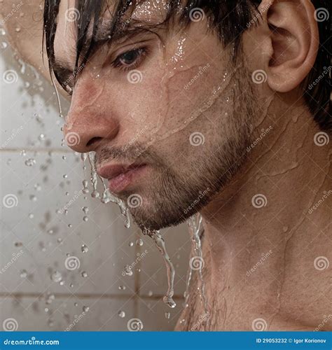 Portrait of a Young Handsome Man Takes a Shower Stock Photo - Image of