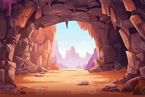 Cartoon stone cave entrance. Dark rock tunnel. Underground abandoned
