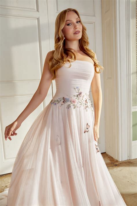 44565: English Net A-Line Gown with Butterfly Appliqués and Dropped
