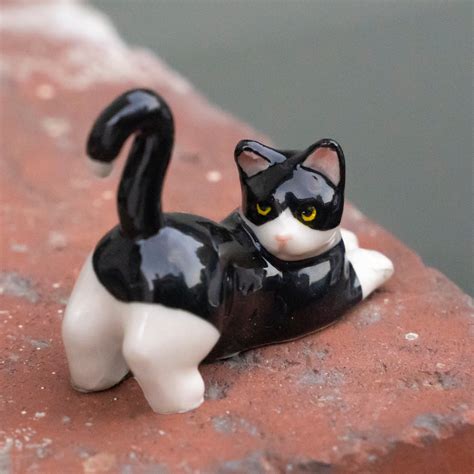 Tuxedo Cat Figurine - Miniature Ceramic Animals
