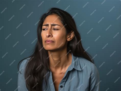 40 year old mexican woman in emotional dynamic pose on solid background