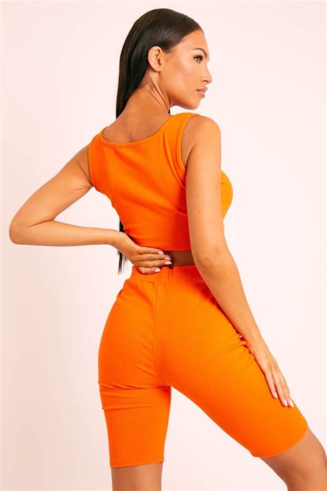 Orange Ribbed Crop Top and Cycling Shorts Co-ord - Nina – Rebellious