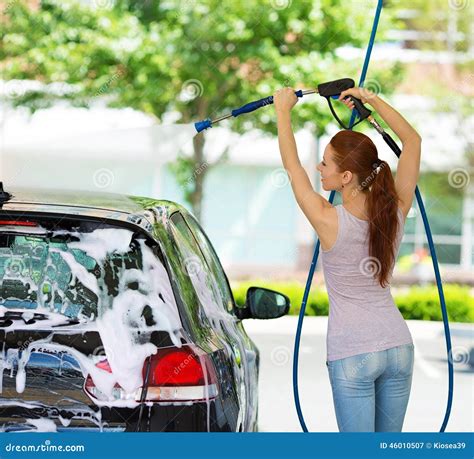 Young Woman Washing Her Car Stock Image - Image of business, polish