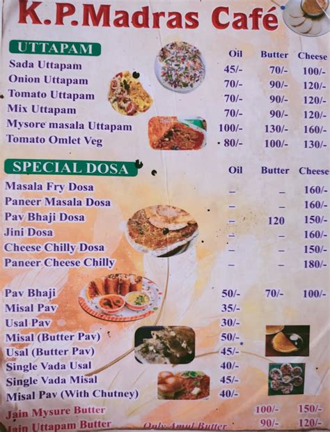 Menu at Kp Madras Cafe, Mumbai