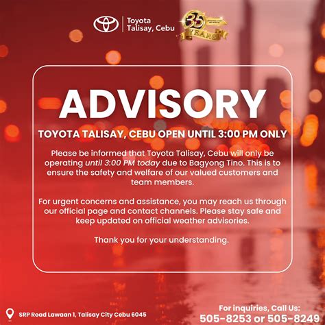 Toyota - 🚨 ADVISORY: Toyota Talisay, Cebu will be open until 3:00 PM