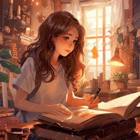 premium ai image cute girl study  bedroom