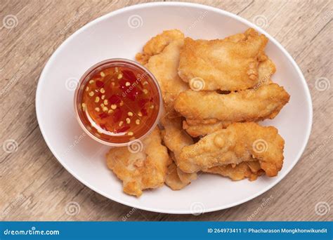 Fried Chicken Nuggets with Dipping Sauce in White Plate Stock Image ...