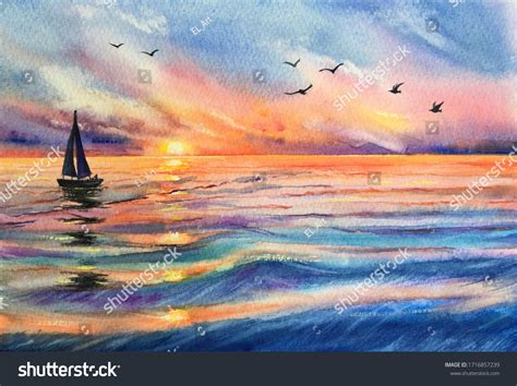 Watercolor Yacht Sailboat Sunset Sea Ocean Stock Illustration 1716857239 | Shutterstock