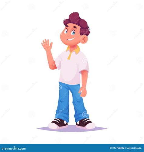 Young Cartoon Boy in White Polo Shirt Standing and Greeting Stock