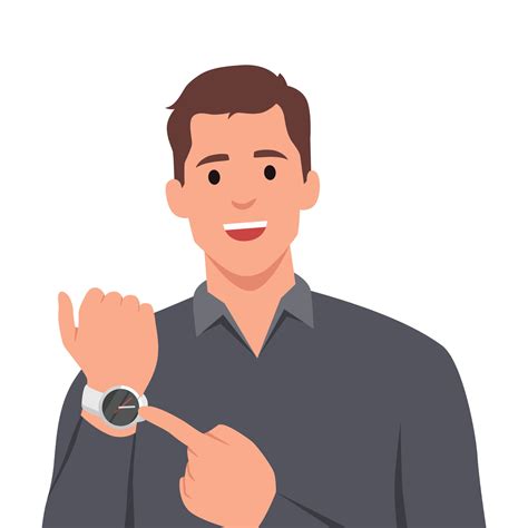 Young man pointing or showing time on his wrist watch. 34798436 Vector
