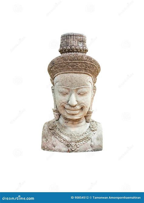 Ancient Cambodian Hinduism God Bust Statue, Isolated Stock Photo