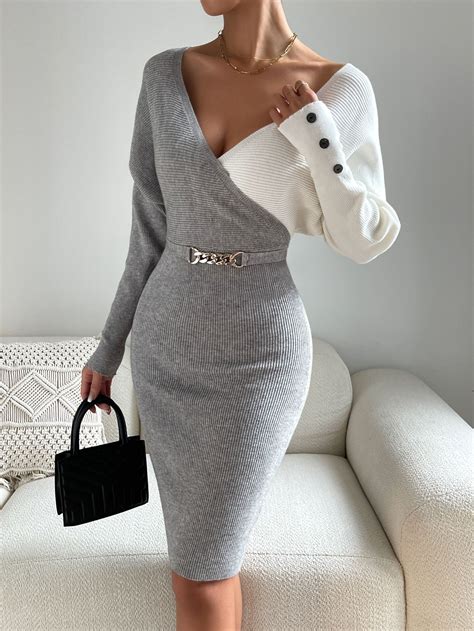 Vestido de tricô Dois tons Braçadeira Malhado Oco para trás | Long