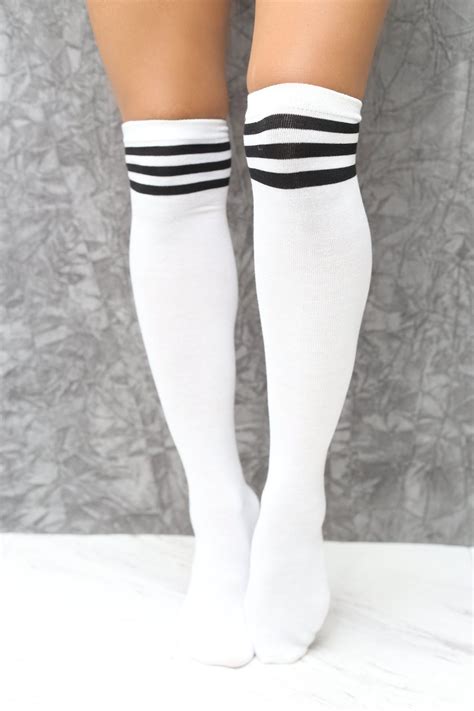 High & Tight thigh-high sports socks, white w/black | High socks ...