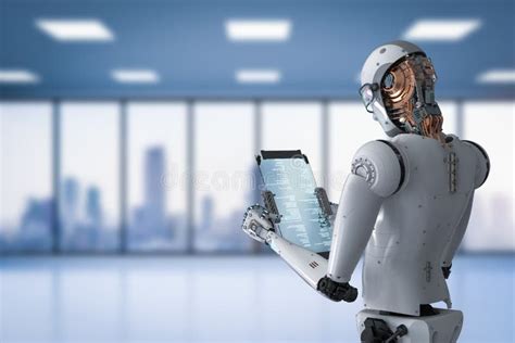 Robot Som Arbetar Med Den Digitala Minnestavlan Fotografering för ...