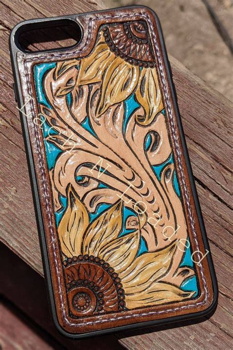 Custom tooled leather sunflower phone case