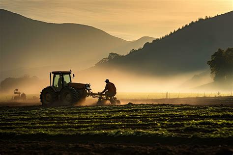granjero con tractor a trabajo en el campo a amanecer. tractor